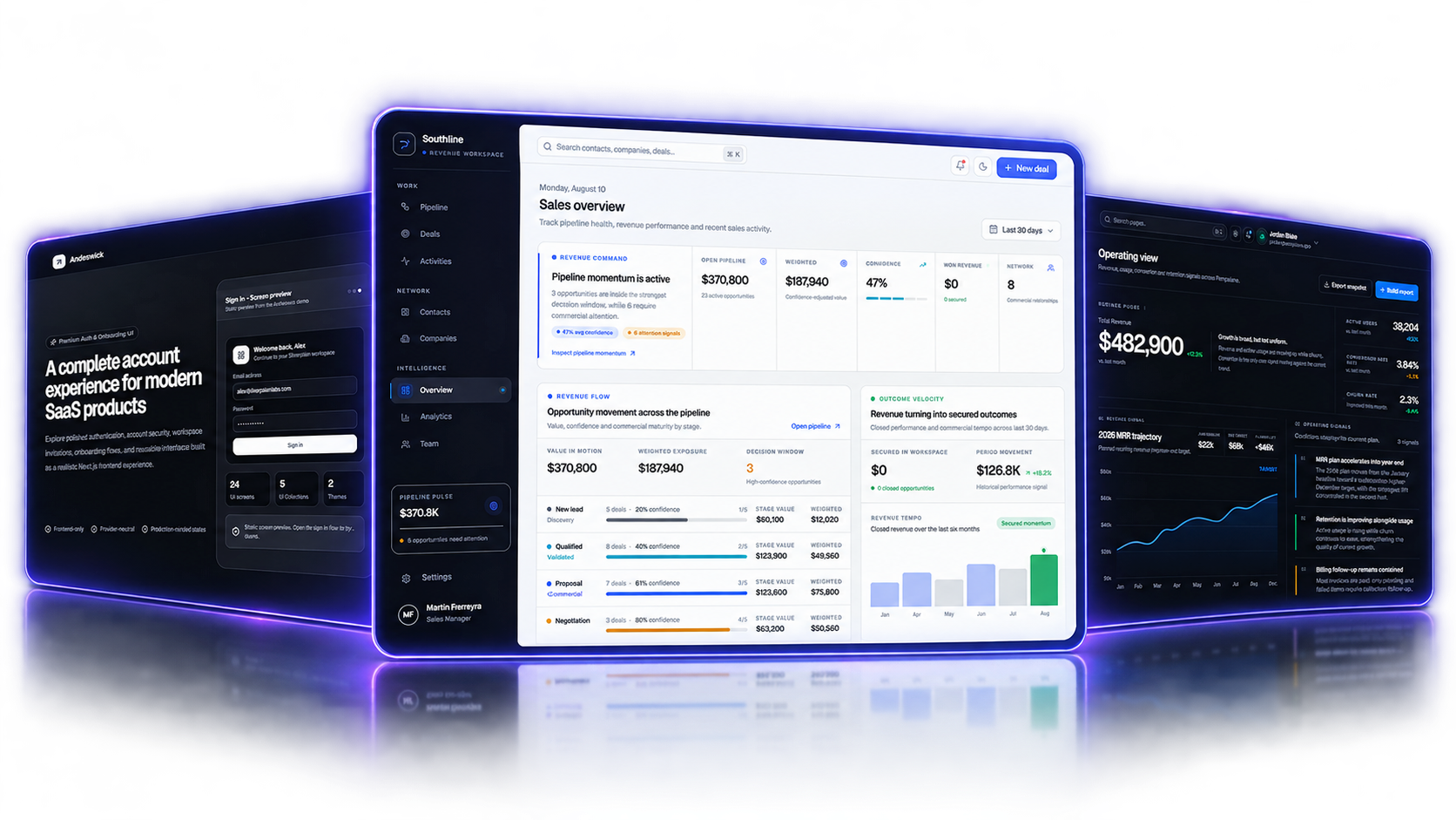 StudioGrid Pro product showcase with CRM, SaaS and Auth interfaces